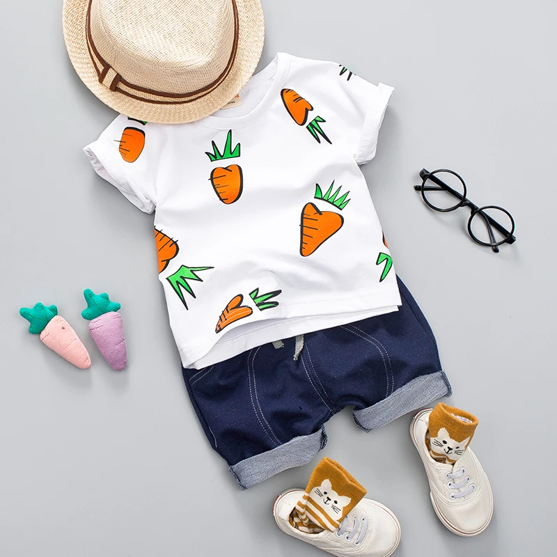 Conjunto de Roupas Topo + Azul Criança Menino Menina Verão Rabanete Impresso Escuro Shorts Bebê Casual Bonito Impressão Camisa Roupas Meninos Terno
