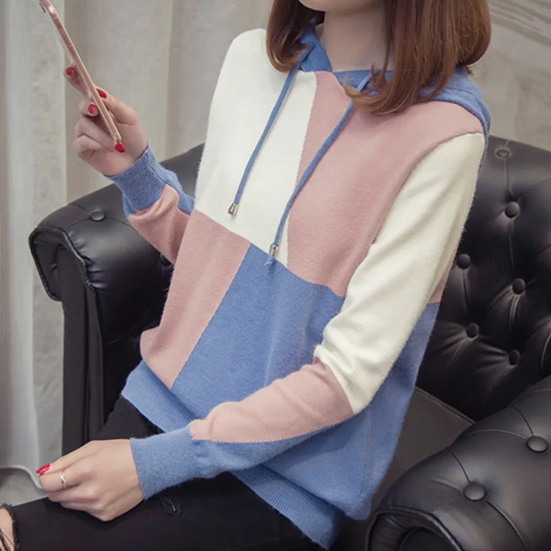 

Adult Long Sleeve Sweaters Women's Loose-fitting Slim Hooded Coat Girls Knitted Jacket Bottom Shirts Students Leisure Wear B9353