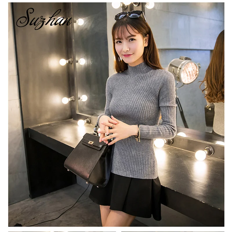 

Suzhan Korean Style Knitted Sweaters Stand Collar Long Sleeve Slim Pullovers Autumn Winter Tops Sweet Sweater