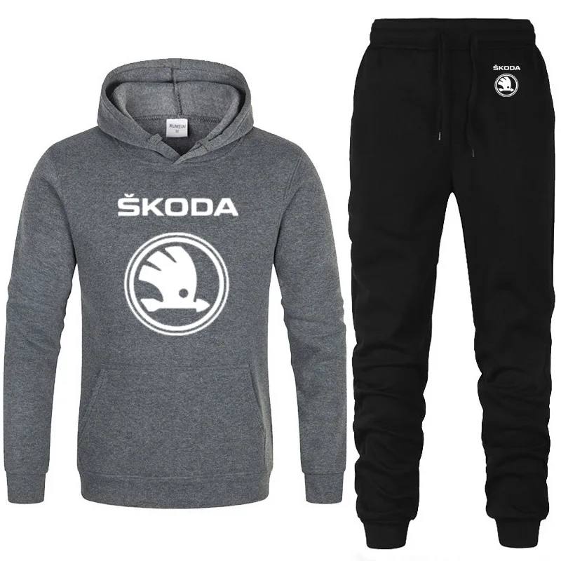 Hoodies Men Skoda Car Logo Printed unisex Sweatshirt Fashion Men Hoodie hip hop harajuku Casual Fleece Hoodies Pants Suit 2Pcs