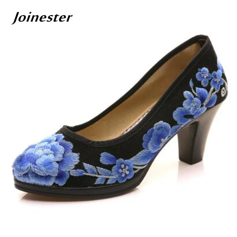 

3 Dimensional Floral Embroidery Pumps Women Shoes Vintage Slip-on Satin High Heels Party Shoes Ladies Elegant Wedding Stiletto