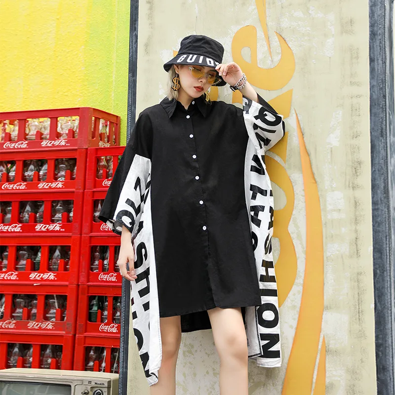

Women Summer Oversized Bat Sleeve Black White Spliced Loose Casual Irregular Shirt Dress Female Streetwear Punk Gothic Dress