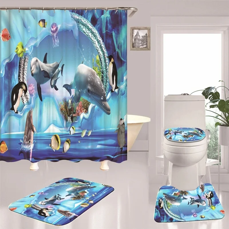 

4 pcs Ocean Sea World Dolphin Penguin Bathroom Decor Set Non-slip Flannel Toilet Seat Cover Rugs Set + Waterproof Shower Curtain