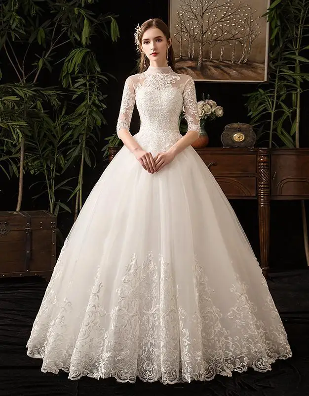 Mrs Win кружевное свадебное платье с вышивкой с большим шлейфом, свадебное платье с высоким воротом и рукавом средней длины, винтажное свадебное платье X - Цвет: off white floor leng