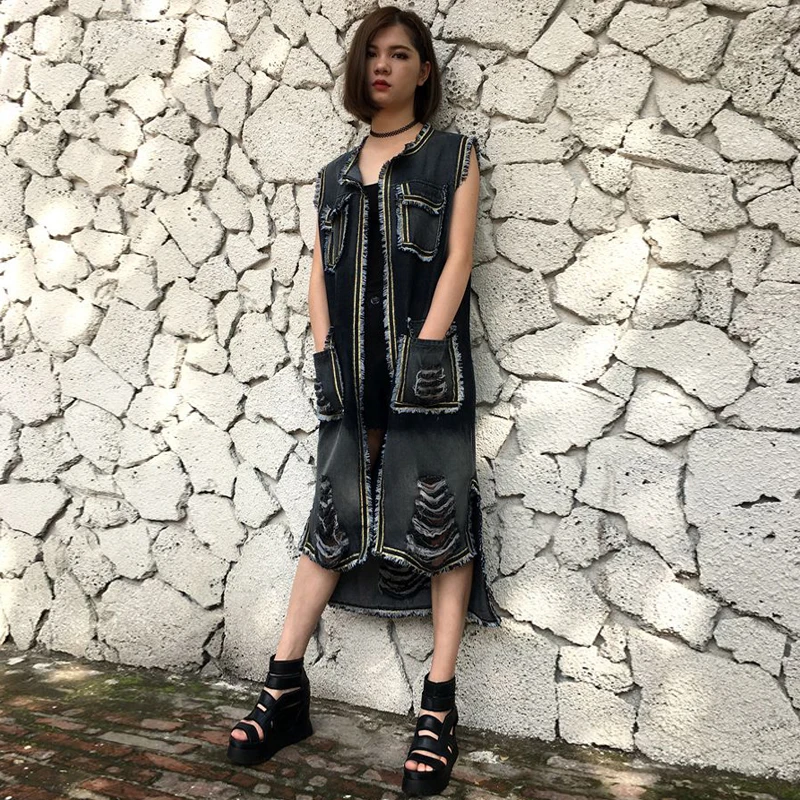 

TREND-Setter 2019 Summer Big Hole Denim Vest For Women Loose Long Vest