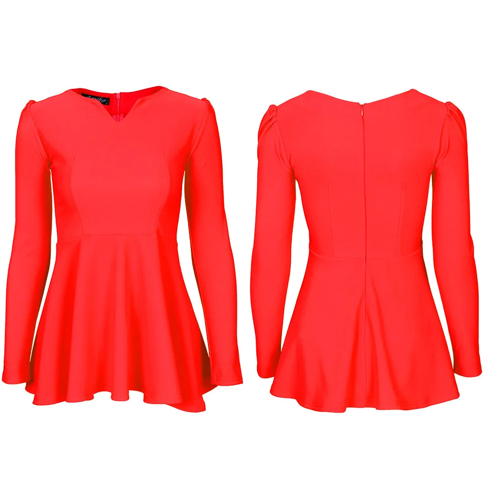FEIBUSHI Женская Повседневная блуза с v-образным вырезом и длинными оборками, рубашки, брендовые футболки, топы с v-образным вырезом, Peplums - Цвет: Оранжевый