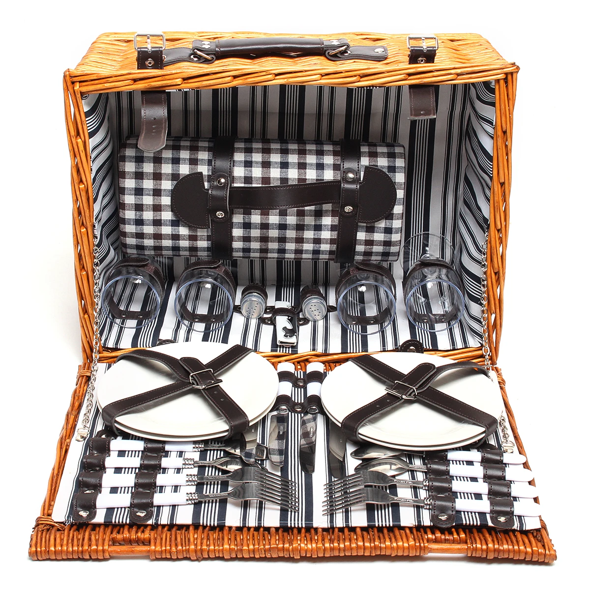 Juego de cesta de mimbre para comida de Picnic de 4 personas para viaje al aire libre con tapete de Picnic/juego de vajilla para Camping accesorios para fiestas de Picnic