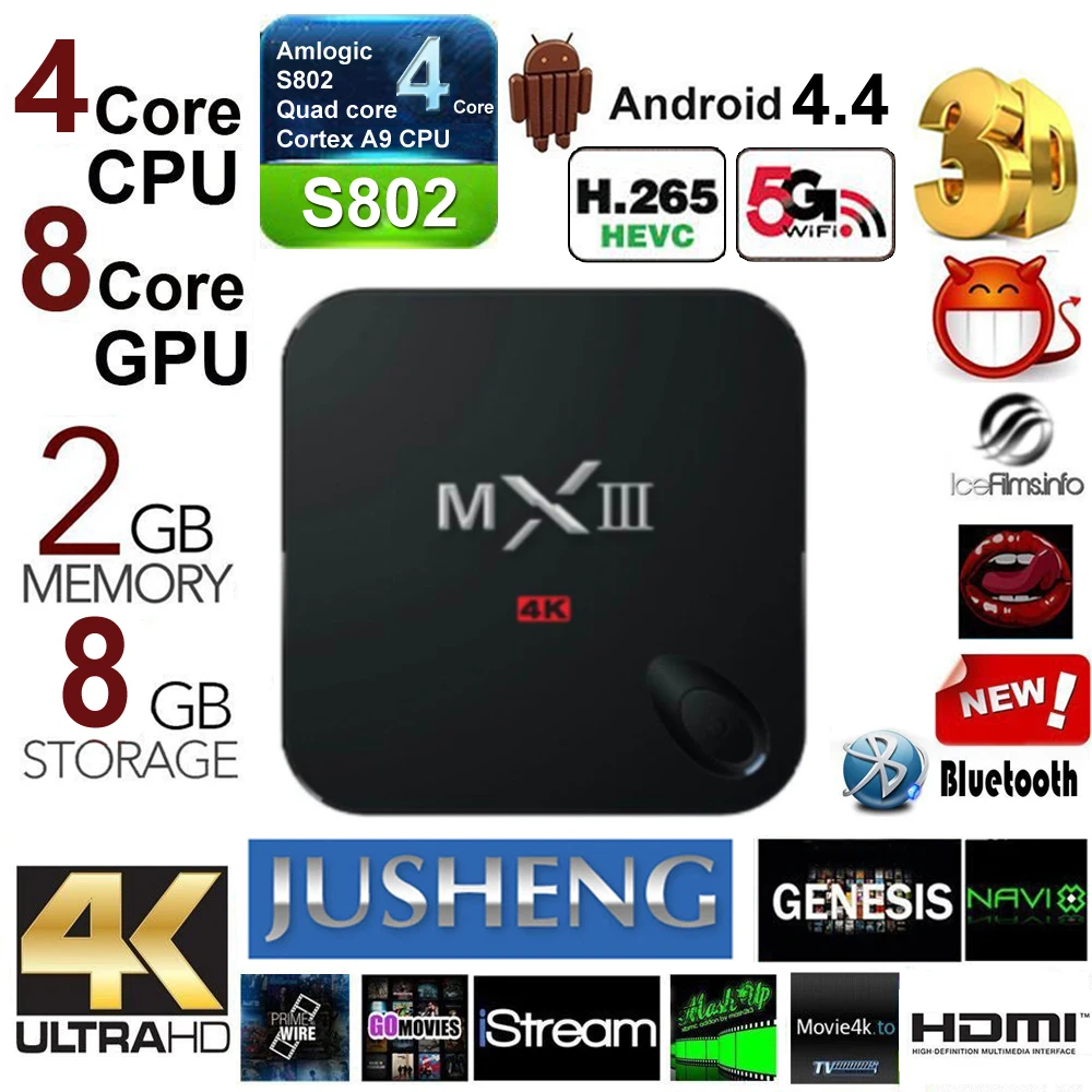 JUSHENG MXIII MX3 4K tv Box четырехъядерный процессор Amlogic S812 Cortex A9 2 ГБ/8 ГБ Android 4,4 Wifi 4K 3D Поддержка потокового медиаплеера