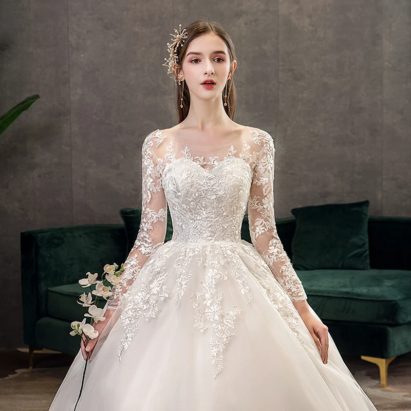 Новое романтическое милое элегантное роскошное кружевное свадебное платье принцессы 100 см с длинными рукавами и аппликацией, бальное платье знаменитостей, vestido De Noiva