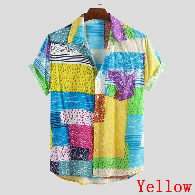 Летняя разноцветная рубашка с принтом для мужчин, стиль, уличная блуза на пуговицах с отворотом, с коротким рукавом, Гавайские рубашки для отдыха, для мужчин - Цвет: Yellow Shirt