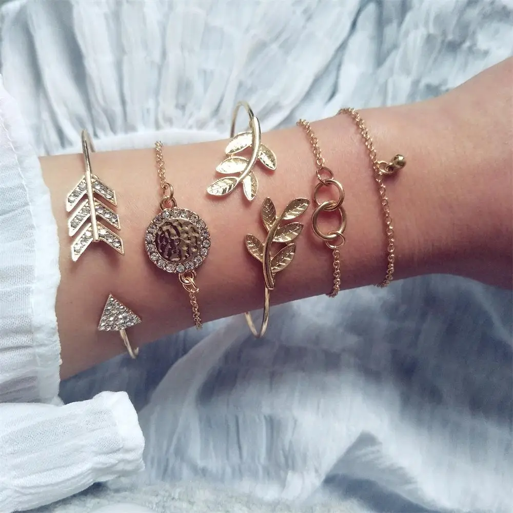 

Bohemian Women Bracelets Leaf Arrow Disc Two Circles Crystal Gold Bracelet Set Female Fashion Dance Party Jewelry Accessories