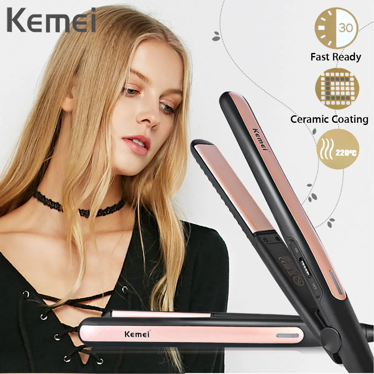 

KEMEI KM-2131 Instant Heat Hair Straightener Ceramic Tourmaline Safety 360 Degree Cord Professional Hair Iron with Safety Lock