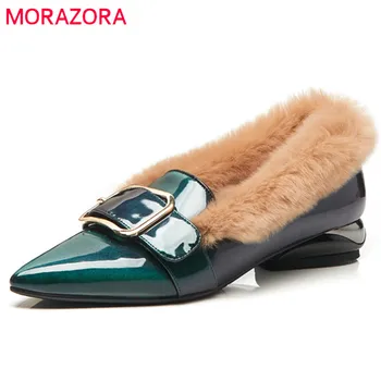 

MORAZORA 2019 top quality patent leather pumps women pointed toe autumn winter shoes buckle square heels fashion shoes woman