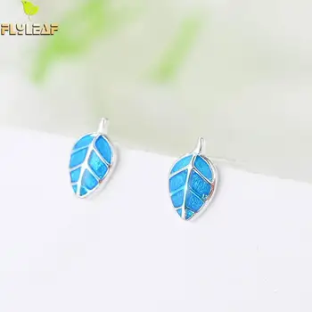 

925 Sterling Silver Blue Drop Glaze Small Leaves Stud Earrings For Women Flyleaf Lady Fashion Jewelry