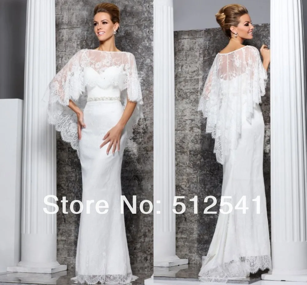 

Free Shipping With Scarf White Lace Wedding Dresses Sheath Spaghetti Strap Sweep Train Satin Beads yk-G105c