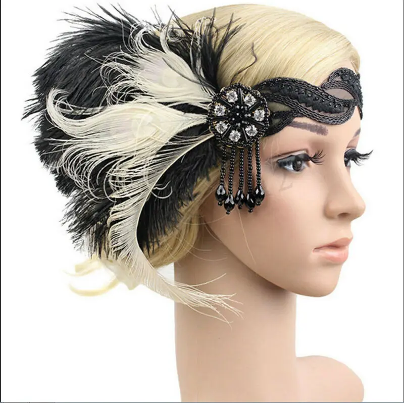

1920s Retro Headband Feather White Bridal Great Flapper Headpiece Gangster Headwear