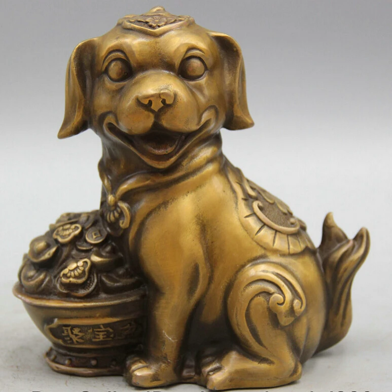 

Collectible bronze S1643 6" Chinese Copper Fu treasure bowl Fengshui Zodiac Year Dog Sculpture Statue B0403