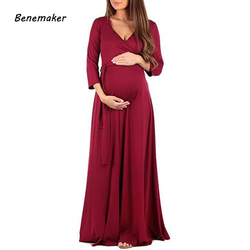 

Benemaker 2018 Autumn Maternity Long Dresses Women's Pregnancy Dress V-Neck Long Sleeve Clothes For Pregnant Women Nursing YC001