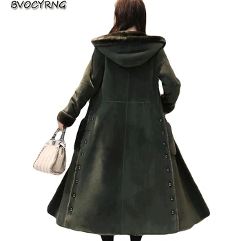 

2018 New High Quality Suede Jacket Elegant Women's Winter Coat Female Suede Plus Velvet Thick Woolen Parka Long Hooded Outerwear