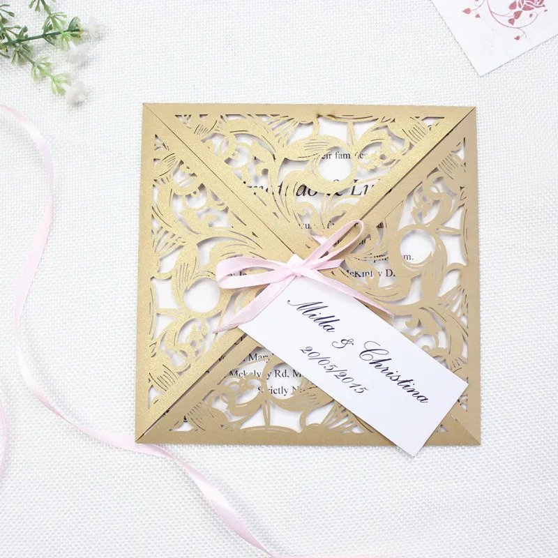 

2018 gold Laser Cut Simple Wedding Invitations With Tags, Hollow Evening Invites, Provide Free Printing and Free shipping
