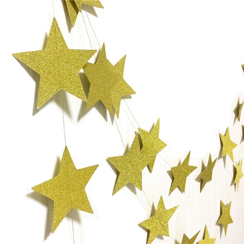 Gold Glitter Star Garland Paper Banner New Year Xm...