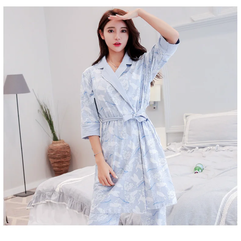 3 шт., весенне-осенний хлопковый пижамный комплект для женщин, 3 шт., халат, топ и штаны, мягкая теплая одежда для сна с принтом, одежда для сна синего и розового цвета