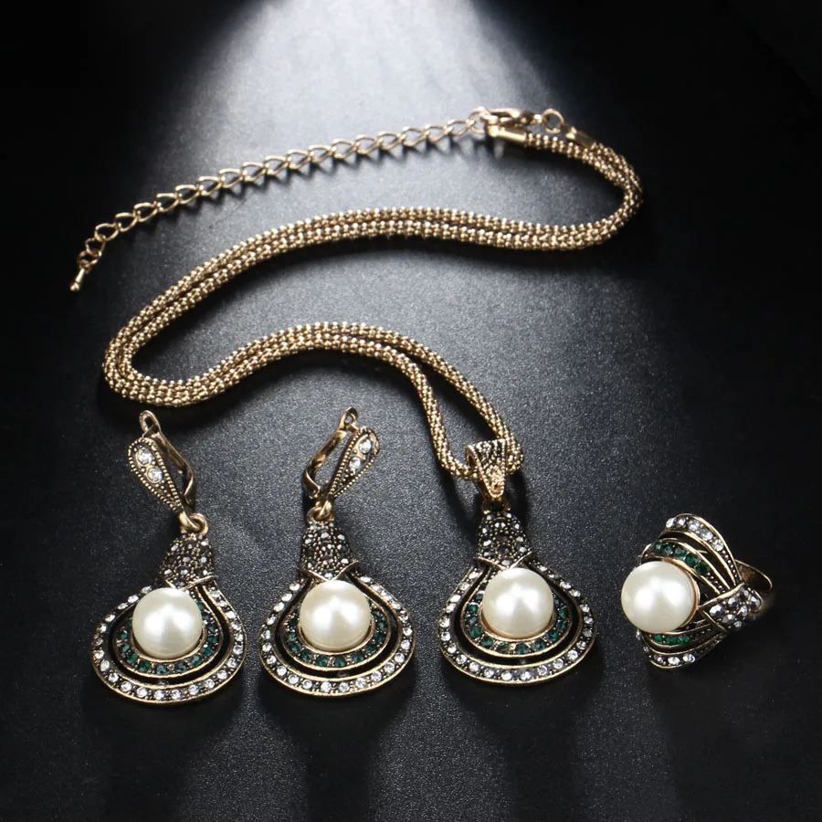 Kinel, 3 шт., Винтажные Ювелирные наборы для женщин, античные золотые жемчужные серьги, ожерелье, кольцо, Свадебная вечеринка, женские турецкие ювелирные изделия