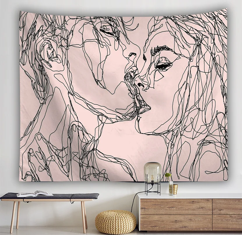 

Nordic Pink Couple Hippie Tapestry Backdrop Dorm Decor Stick Figure Abstract Tapestry WallHanging Polyester Wall Tapestry Carpet