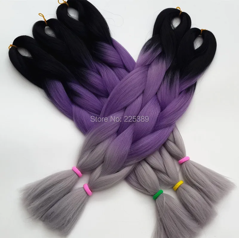 Ombre Black Purple Light Grey Jumbo Braid Synthetic Hair Crochet