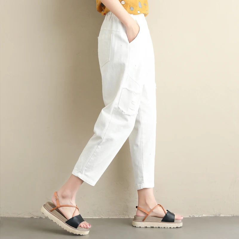 #0659 Casual Harem Pants For Women White Yellow Loose Plus Size Patchwork Vintage Pants Female Cotton Elastic Waist Ladies Pants