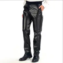Осень и зима Для Мужчин's Штаны из искусственной кожи среднего возраста Узкие вставки локомотив Водонепроницаемый прямые папа свободные кожаные брюки
