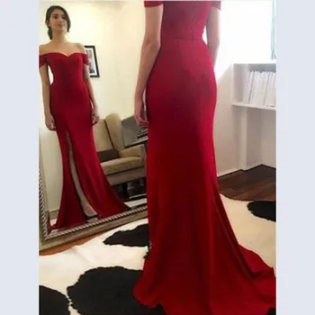 

2019 Elegant Evening Dresses for Women Off the Shoulder V Neckline Side Slit Plus Size Red Evening Party Dresses