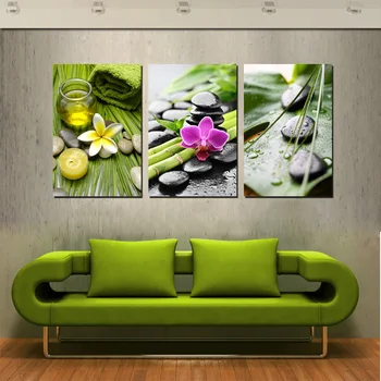 

New arrival modular Canvas Wall Art Decor Painting Green Bamboo And Black Massage Stone Prints Modern SPA Gallery Artwork For Ro