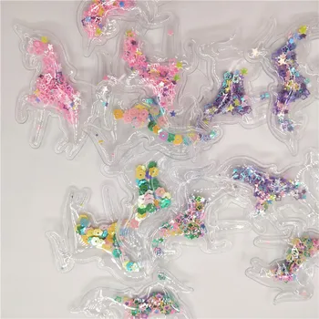 

5.6x6.3cm 80pcs/lot Mix color Pu Unicorn with shiny star flowing in side Padded Patches Appliques For DIY Hair Bow Decoration