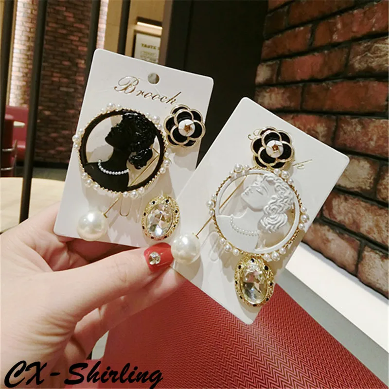 

CX-Shirling Women Antique Camellia Flower Lapel Pin Black White Antique Lady Head Pearl Brooches Pin Set Summer Winter Fashion