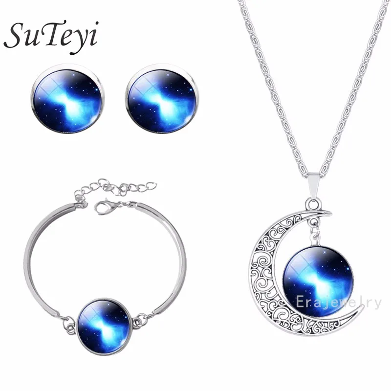 SUTEYI Star Галактическая Туманность цепочки и ожерелья комплект талисманы книги по искусству изображение кристалл серьги-гвоздики с подвеской s браслет наборы для