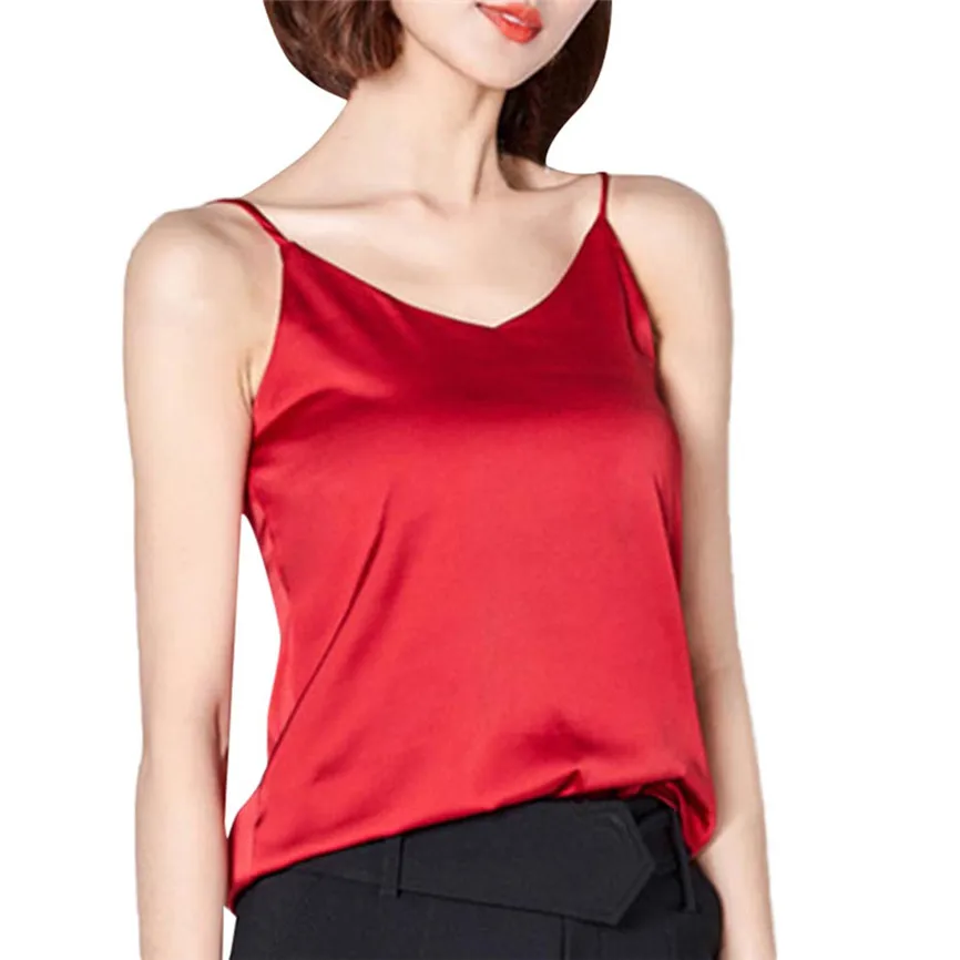 Летние топы женские сексуальные шелковые женские камзол нижняя рубашка с v-образным вырезом обрезанная Женская Футболка мягкий Атласный топ на бретелях укороченный AHH - Цвет: Red