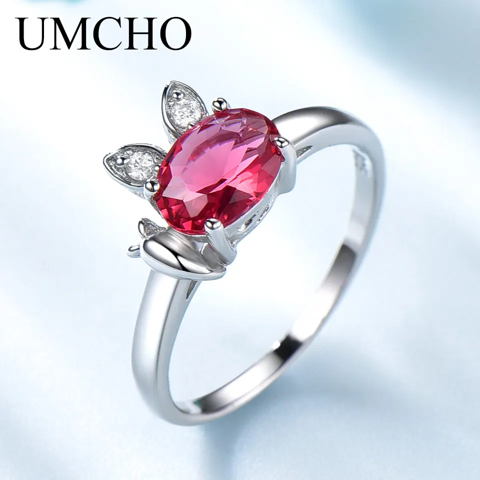 

UMCHO Genuine 925 Sterling Silver Rings Bands Created Nano Ruby Cute Rings For Girls Romantic Birthday Gift Fine Jewelry