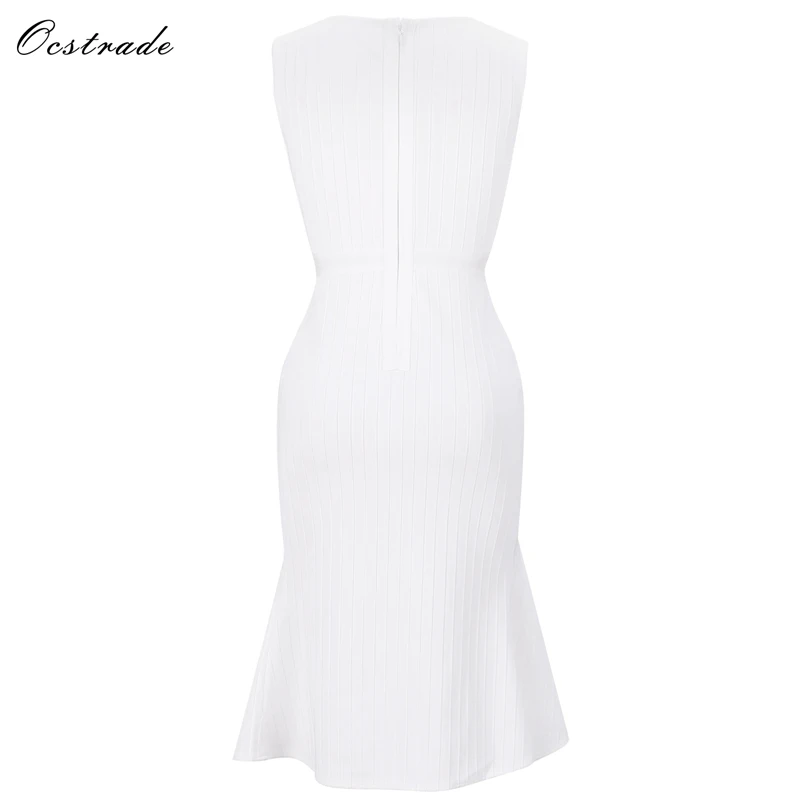 Bandage Sans Robe De V Blanc Sw034 Cours Haute Ocstrade Cou Manches Dépouillé Genou white Qualité Festonnée f17BnaWwnO