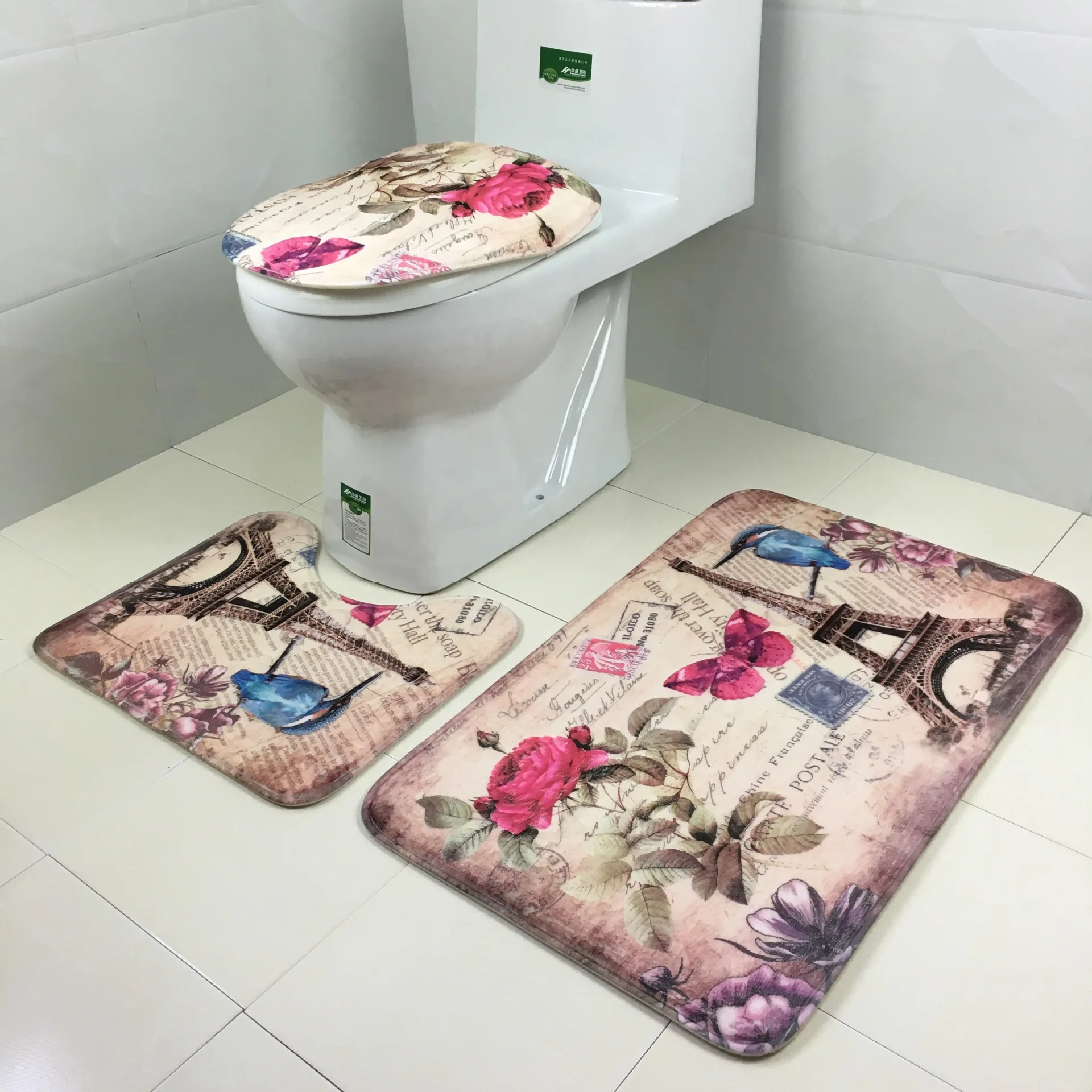 A 3pcs/set Europe Style Toilet Carpet Rose Tower Printing Bathroom Mat Bathroom Set Household