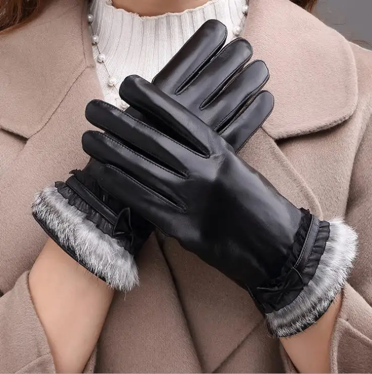 Женские перчатки из натуральной кожи с натуральным кроличьим мехом, зимние толстые теплые черные перчатки из овчины с сенсорным экраном