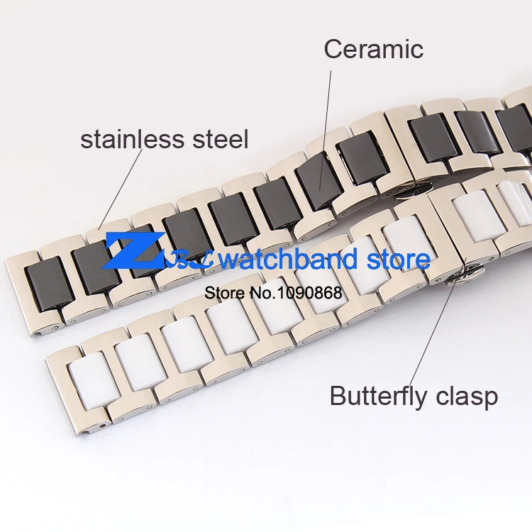 16 мм, 18 мм, 20 мм, керамический браслет и ремешок для часов из нержавеющей стали, белый или черный, ремешок для часов, ремешок с бабочкой и пряжкой, браслет