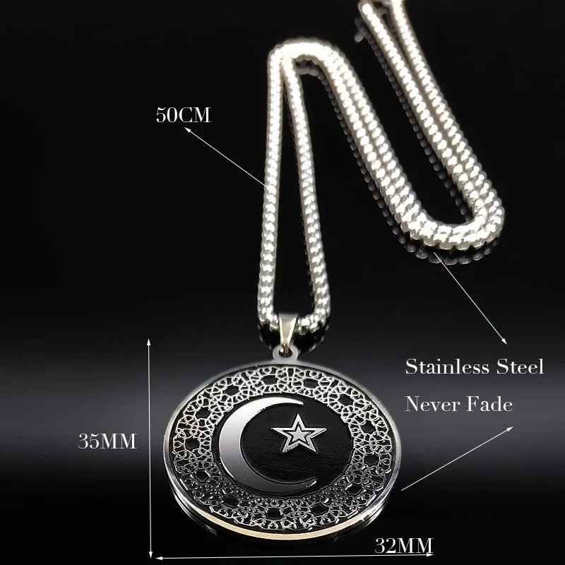 2020 Fashion Muslim Star Moon Stainless Steel Necklaces Men Black Silver Color Luna Necklaces Pendants Jewelry colgante N732S02