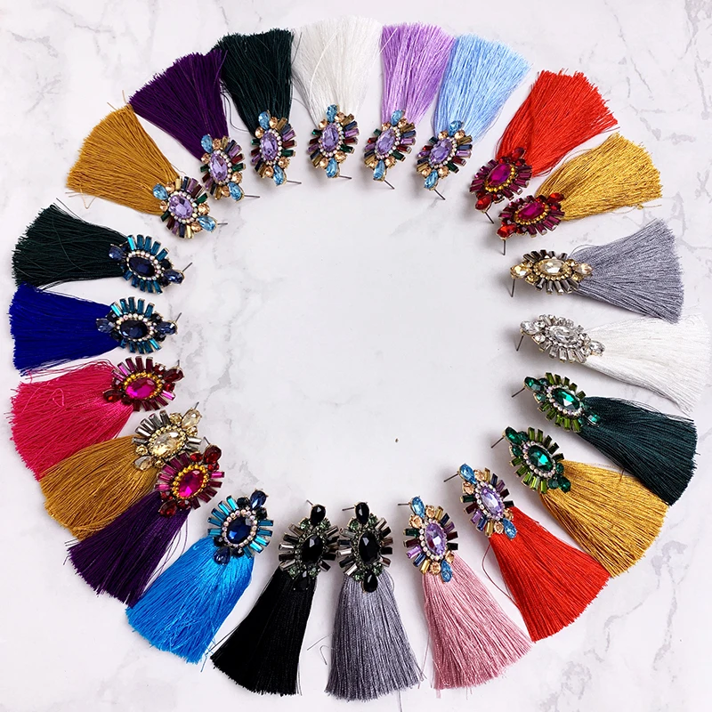 22 Colors Blue Long Tassel Earrings For Women Vintage Crystal Drop Earrings For Wedding Fashion Statement Jewelry