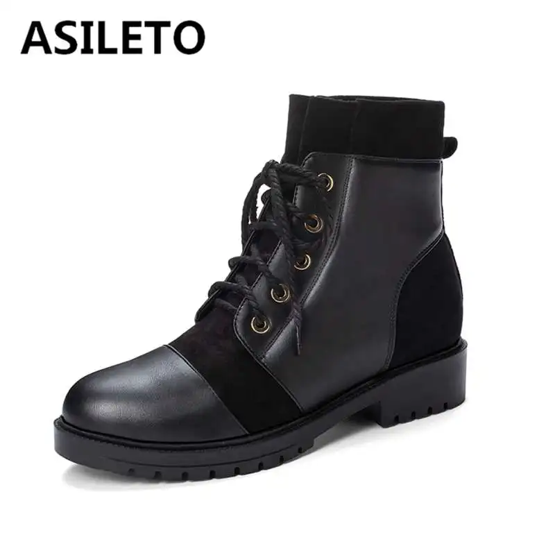 

ASILETO Autumn Winter woman ankle boots for women big size 32-43 cross tied low heels riding motorcycle booties patchwork bottes