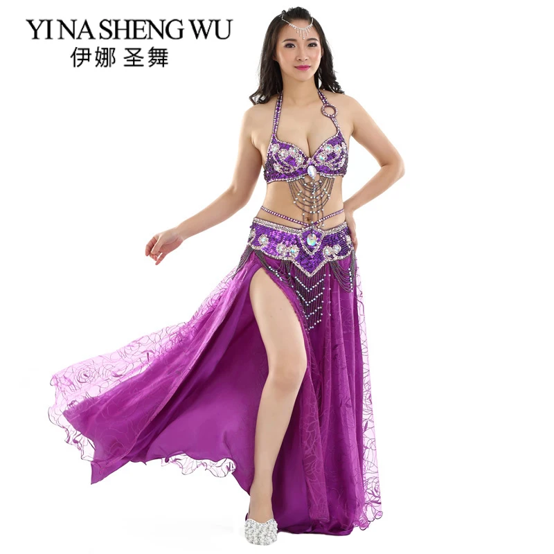New Adult  Belly Dance Costume Set Oriental Belly Dance Performance Clothing 3-pieces Set Belly Dance Sequin Bra Belt Rose Skirt