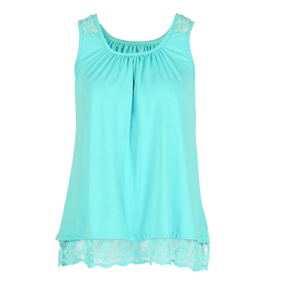 

FREE OSTRICH Women Shirts O-Neck Sleeveless Pure Color Lace Vest Tops Loose Simple Elegant Summer Top Blouse Women Shirts