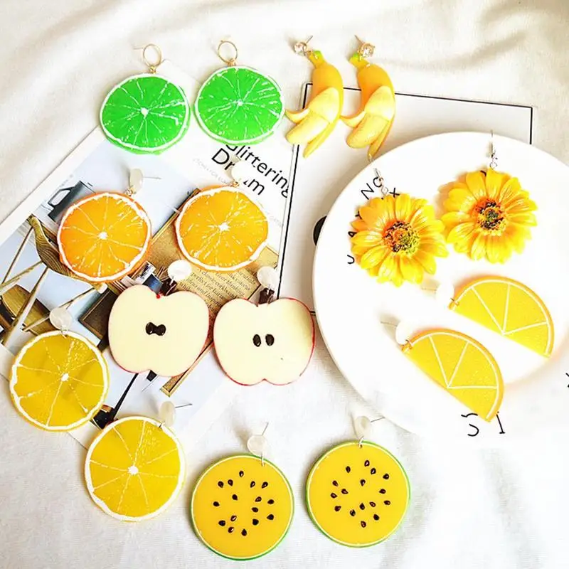 

Kawaii Fruit Drop Earrings Creative Resin Lemon Earrings Peach Watermelon Strawberry Big Earrings Exaggerated Female Jewelry