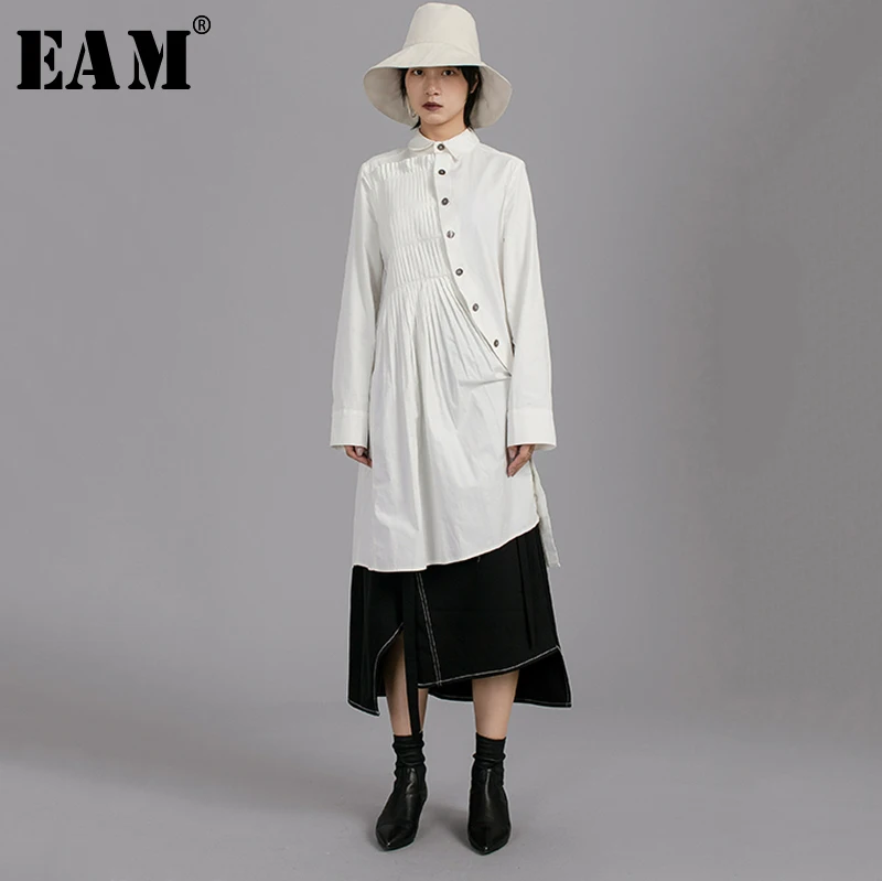 

[EAM] 2019 New Autumn Winter Lapel Long Sleeve White Pleated Split Joint Loose Temperament Shirt Dress Women Fashion Tide JX135