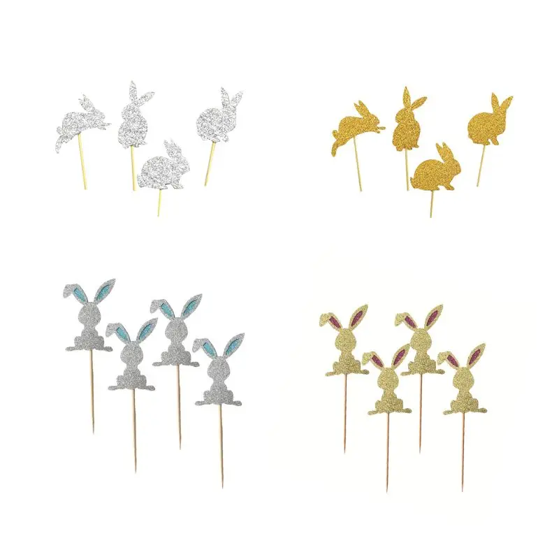 

4Pcs/Set Happy Easter Cute Metallic Glitter Powder Rabbit Bunny Shape Cake Picks Cupcake Toppers Decorating Supplies Birthday